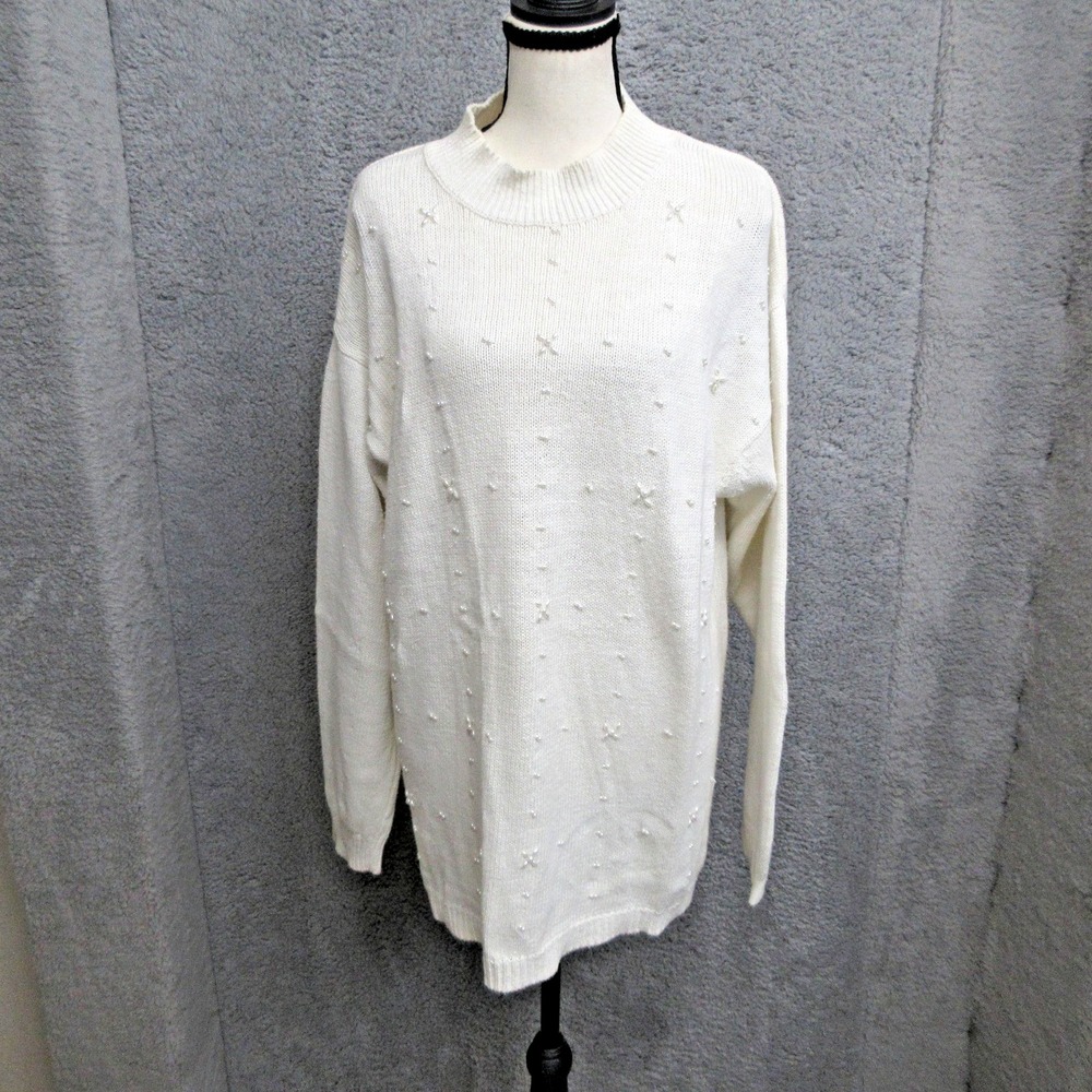 Vintage Pearl Beaded White Sweater Women's L Oversized Bridal Coquette Knit
